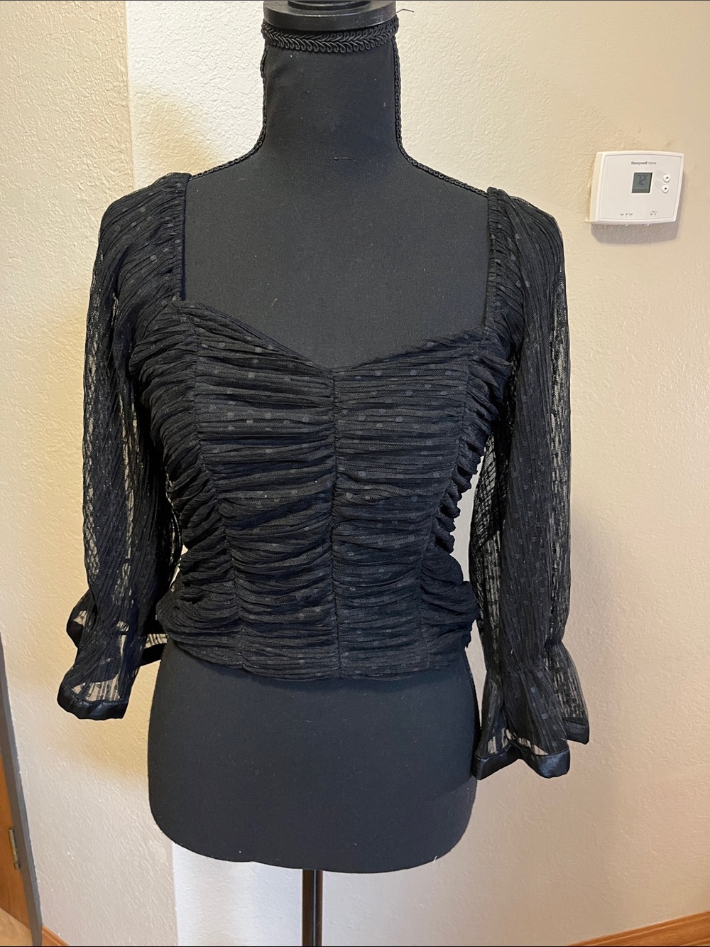 Haute Monde Black Ruched Square-Neck Sheer Sleeve Blouse